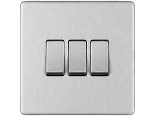 BG BRUSHED STEEL 10AX 3 GANG 2 WAY PLATE SWITCH - SCREWLESS FLATPLATE
